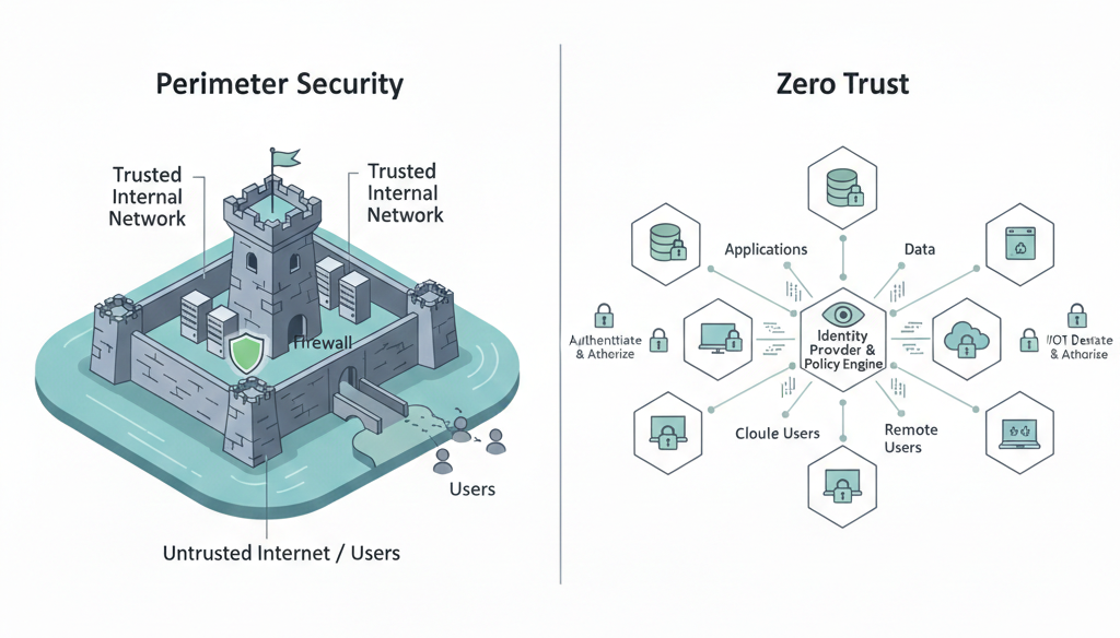 Comparison graphic between Traditional Perimeter Security and Zero Trust Architecture